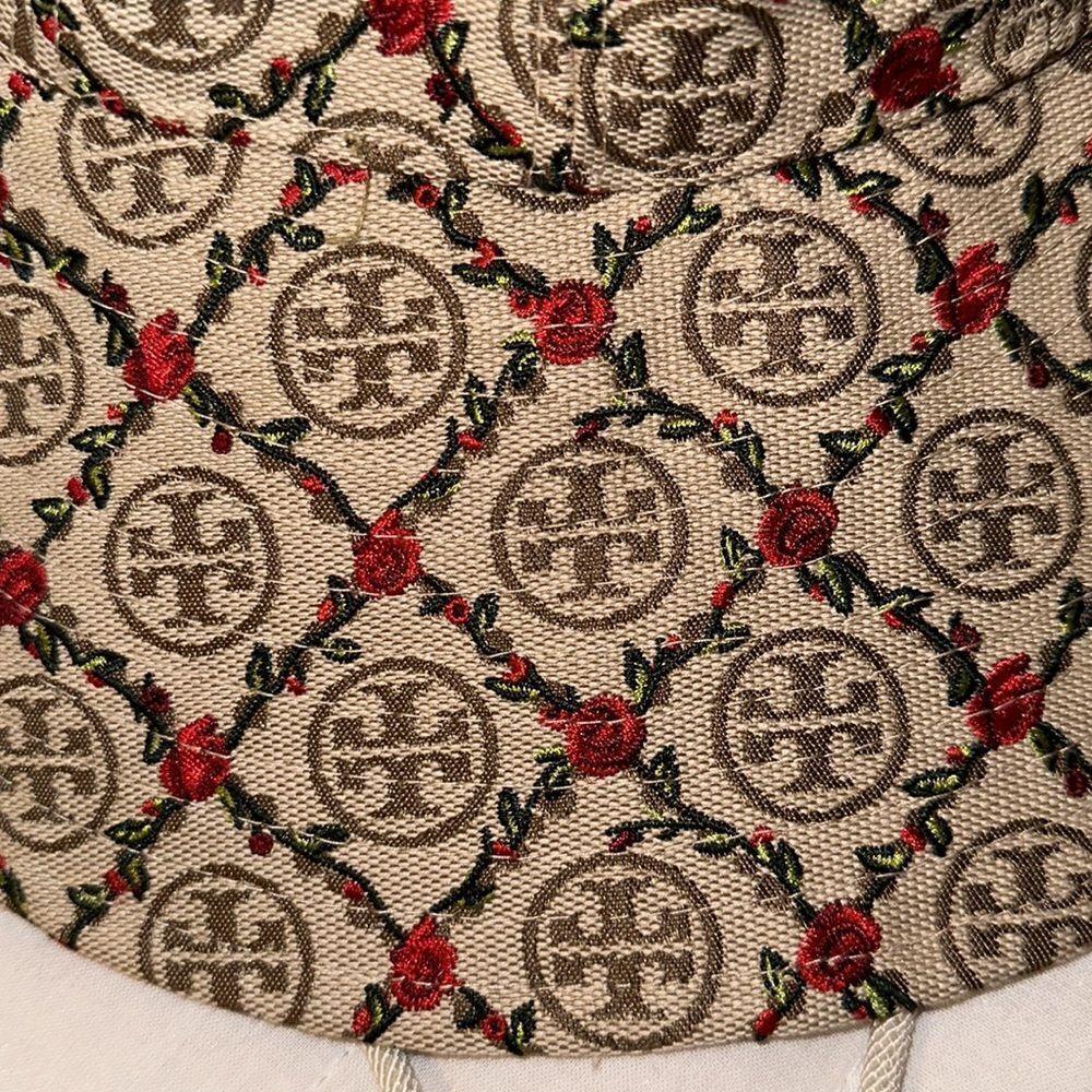 Tory Burch OS Beige Tan Red Monogram Embroidered Climbing Rose Bucket Hat - Picture 7 of 11